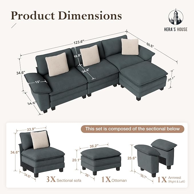 HERA'S HOUSE 124" Modular Sectional Sofa, Oversized L Shaped Couches - Image 2