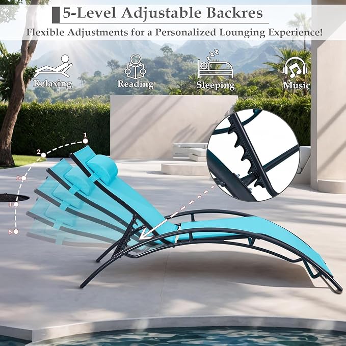 EROMMY Outdoor Chaise Lounge Set of 3, Reclining Patio Chairs - Image 5