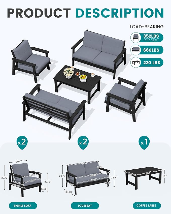 SERWALL HDPE Patio Furniture Set, 5 Piece All Weather Wood-Like Sectional - Image 8