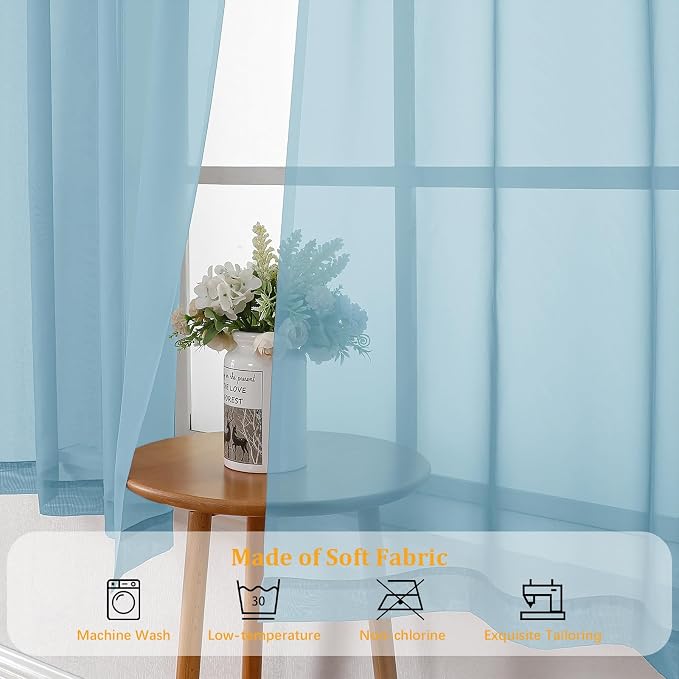 Gwine Sky Blue Sheer Kitchen Curtains 36 Inch Length, Light Filtering Voile - Image 7