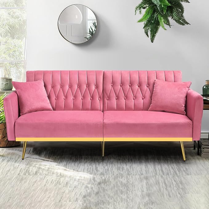 70” Velvet Futon Sofa Bed with 2 Pillows and Adjustable Armrests, Convertible - Image 2