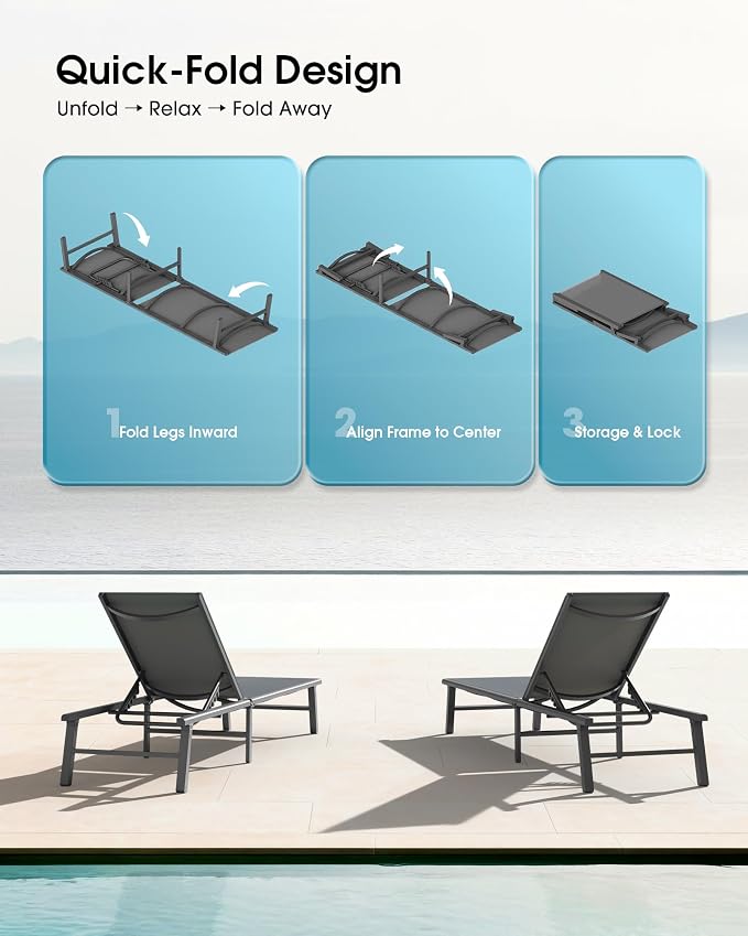 Ciokea Foldable Outdoor Lounge Chair Set of 2, No Assembly Aluminum Chaise - Image 3