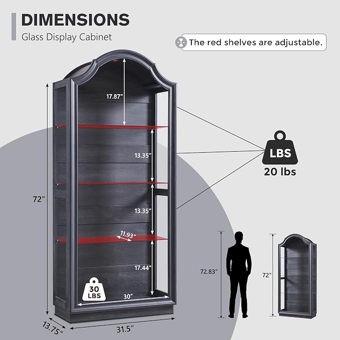 IFGET 72" Arched Glass Display Cabinet, Modern Curio Cabinet - Image 2