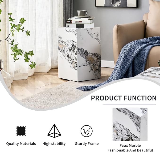 End Table, Side Table Living Room Table, Faux Marble Sofa Couch White Bedside - Image 5