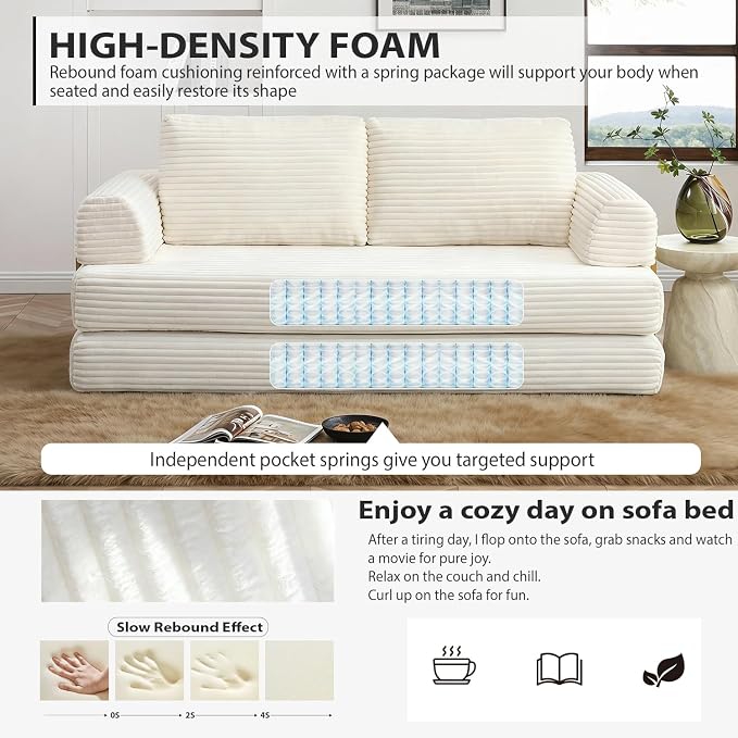HANXIN 80 Inch Convertible Sleeper Sofa Bed, High Back Plush Corduroy Folding - Image 4