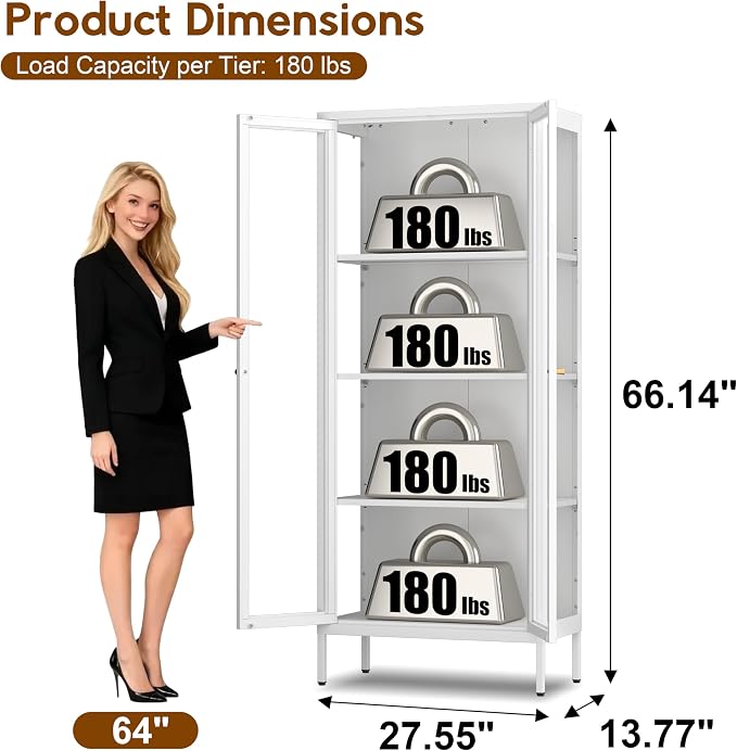 UNICOLY Display Cabinet with Glass Doors, Glass Display Cabinet 4-Tier - Image 2