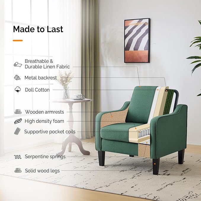 VINGLI Mid-Century Modern Accent Chairs Set of 2 Living Room Chairs Dark Green - Image 5
