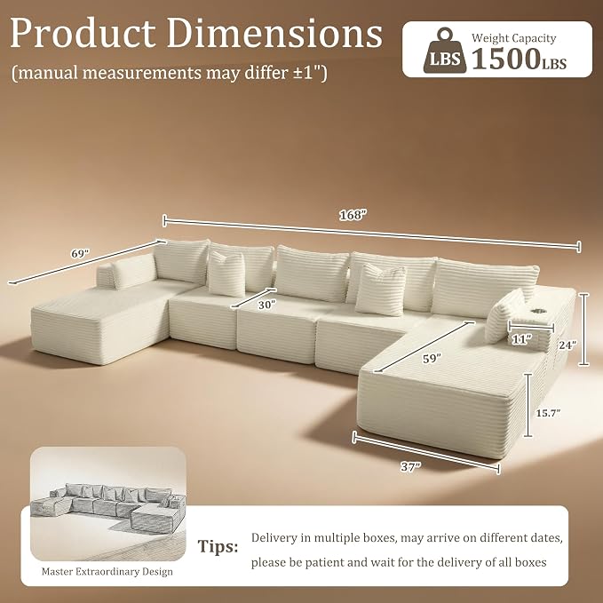 168" Cloud Sectional Couch, Comfort U Shaped Sofa - Image 2