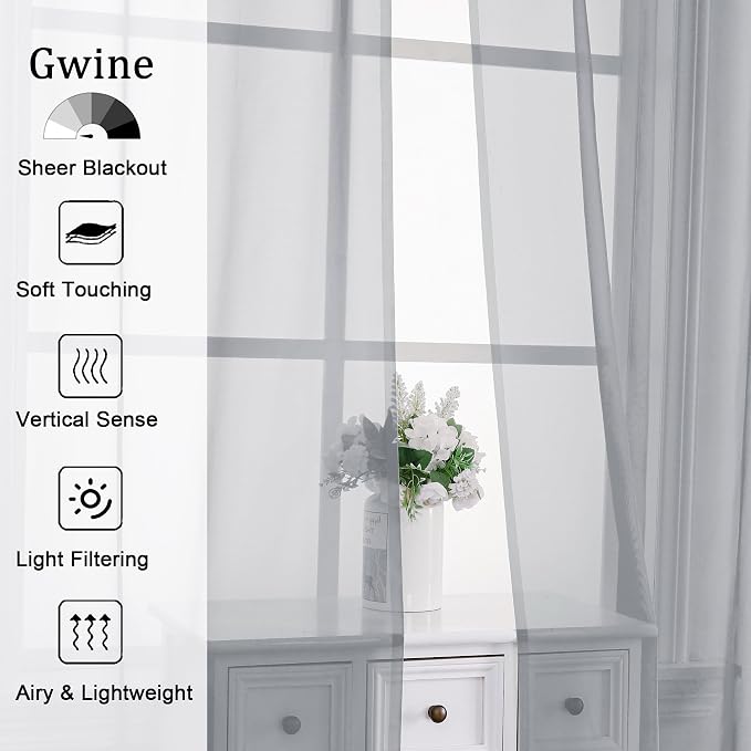 Gwine Light Grey Sheer Curtains 84 Inches Long 2 Panels Set - Image 2