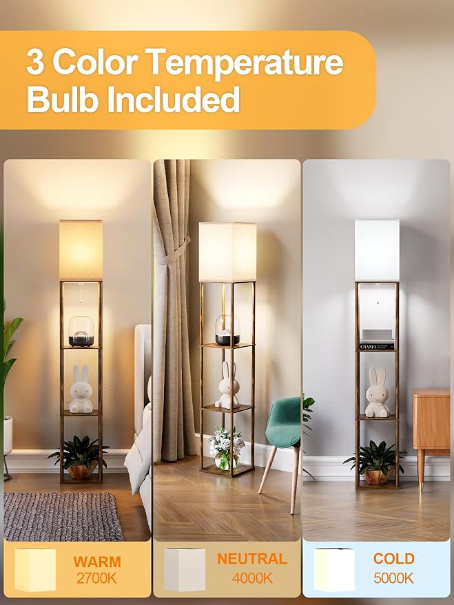Floor Lamp with Shelves for Living Room Brown, Shelf Floor Lamp with 3 CCT LED - Image 3
