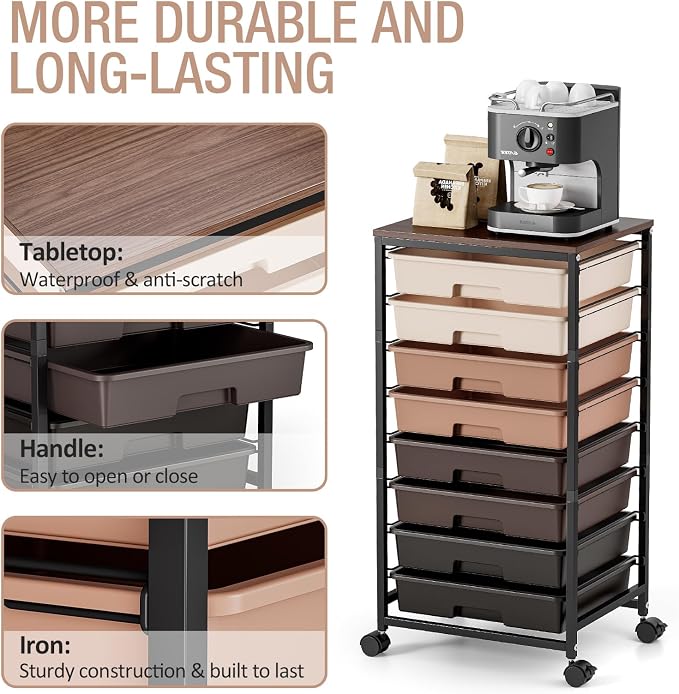 TOOLF Rolling Carts with Wheels, 8-Drawer Utility Cart, Wooden Tabletop Storage - Image 5