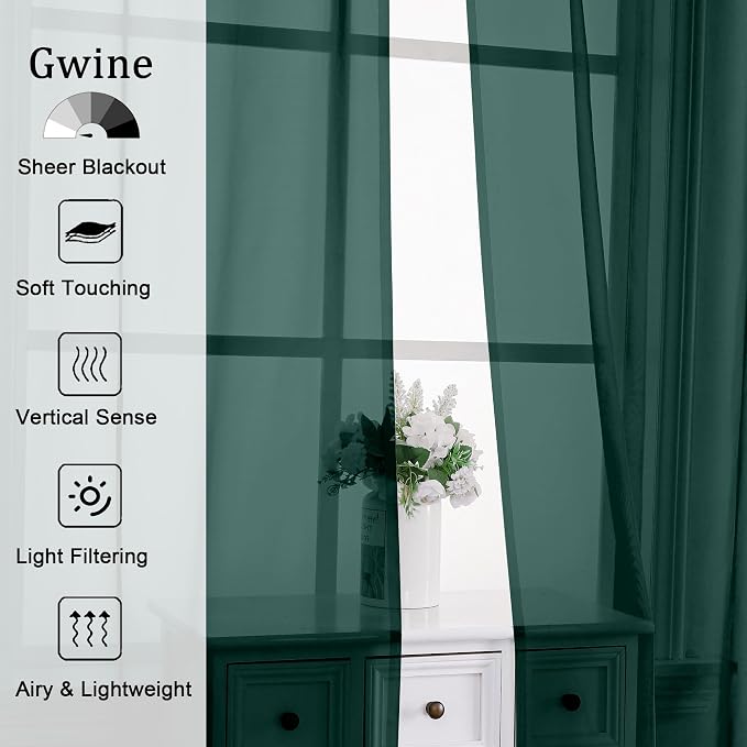 Gwine Hunter Green Sheer Curtains 30 Inch Length, Short Light Filtering Voile - Image 3