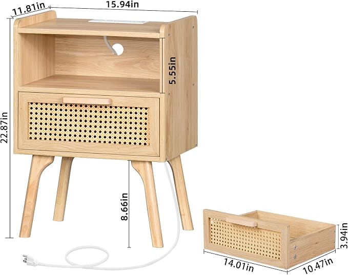 Lerliuo Rattan Nightstand with Charging Station, Boho Side Table with Drawer - Image 3