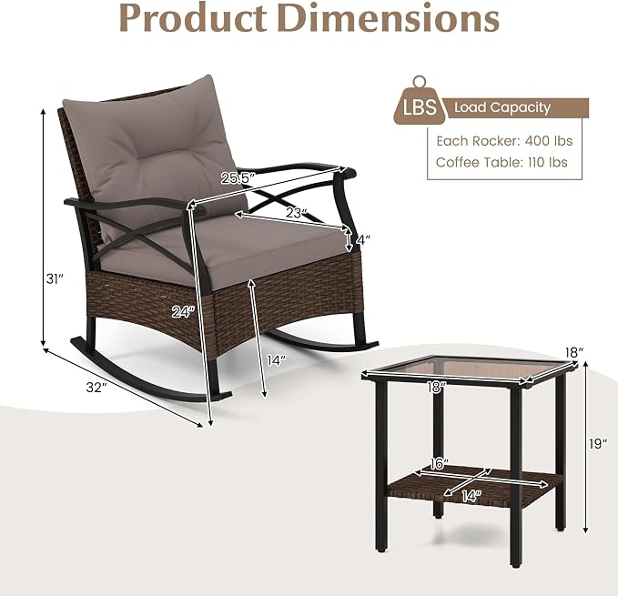 Tangkula 3 Pieces Outdoor Rocking Chairs Set, Rattan Heavy Duty Cushioned - Image 9