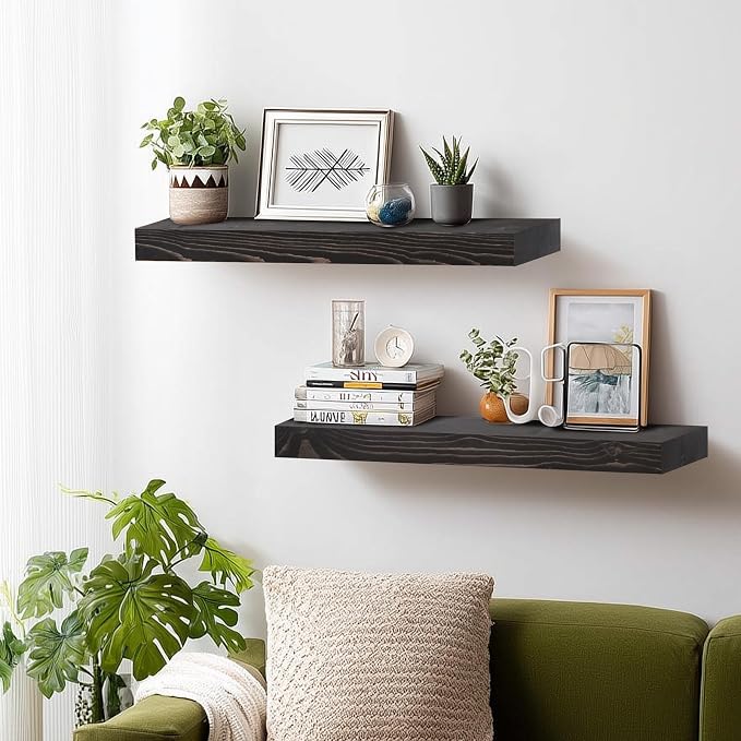 24x8x1.6 inch Floating Shelves Set of 2 – Solid Wood Rustic Black Wall Mounted - Image 6