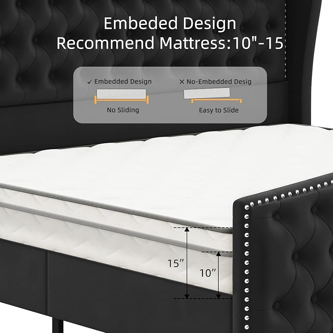 BRELTAM Upholstered King Size Bed Frame Velvet Black Tufted Platform Bed Frame - Image 6