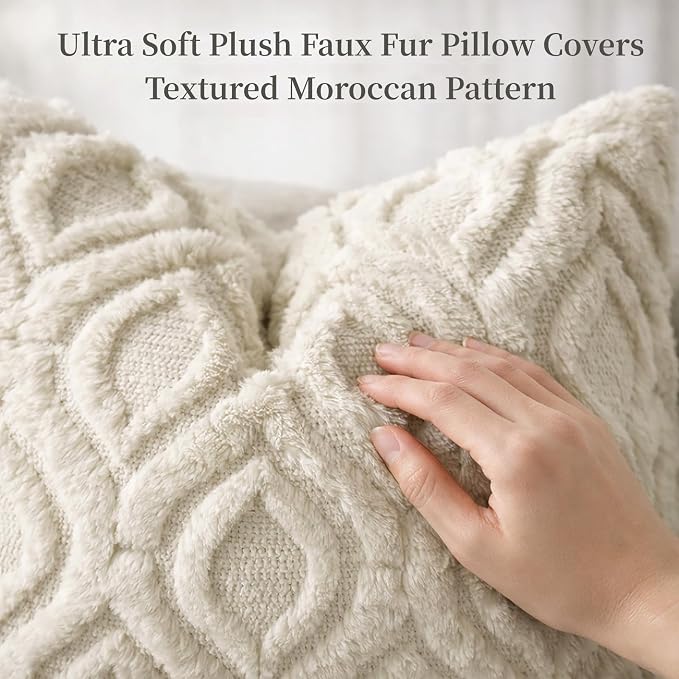 decorUhome Throw Pillow Covers 16x16 Inch Set of 2, Soft Plush Faux Wool Beige - Image 2