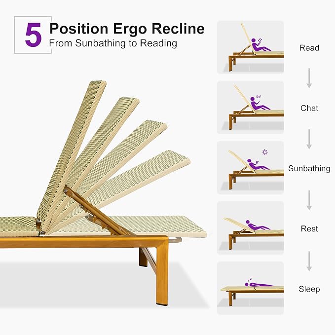 PURPLE LEAF Patio Chaise Lounge French Outdoor Lounger 1 Piece Wood-Grain - Image 6