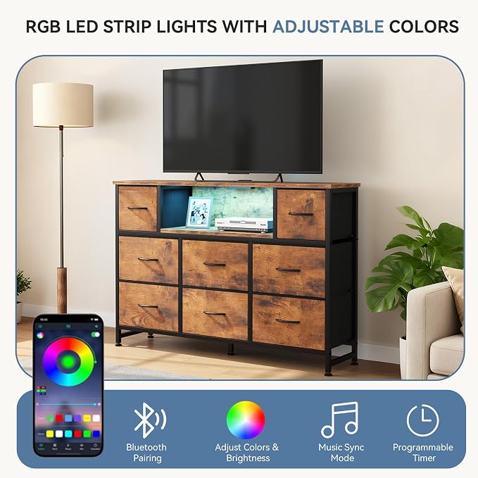 DUMOS TV Stand Dresser with 8 Fabric Drawers and Open Shelves, LED - Image 4
