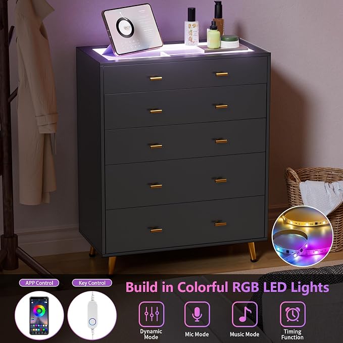 Drawer Dresser with LED Lights, 30.7" W x 39" H Tall Tempered Glass Top Dresser - Image 3