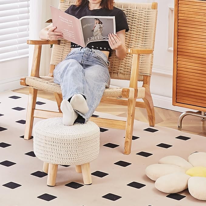 Wimarsbon Pouf Ottoman, 100% Cotton Knitted Boho Footstool, Round Footrest - Image 4