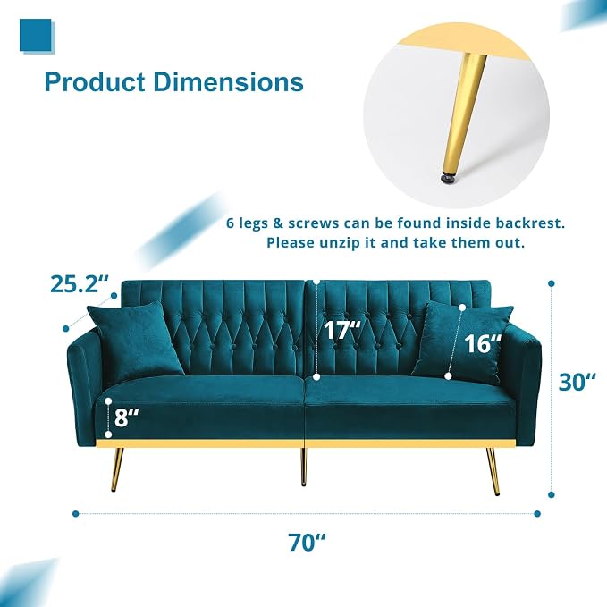 70” Velvet Futon Sofa Bed w/Adjustable Armrests and Backrest, Convertible Futon - Image 3