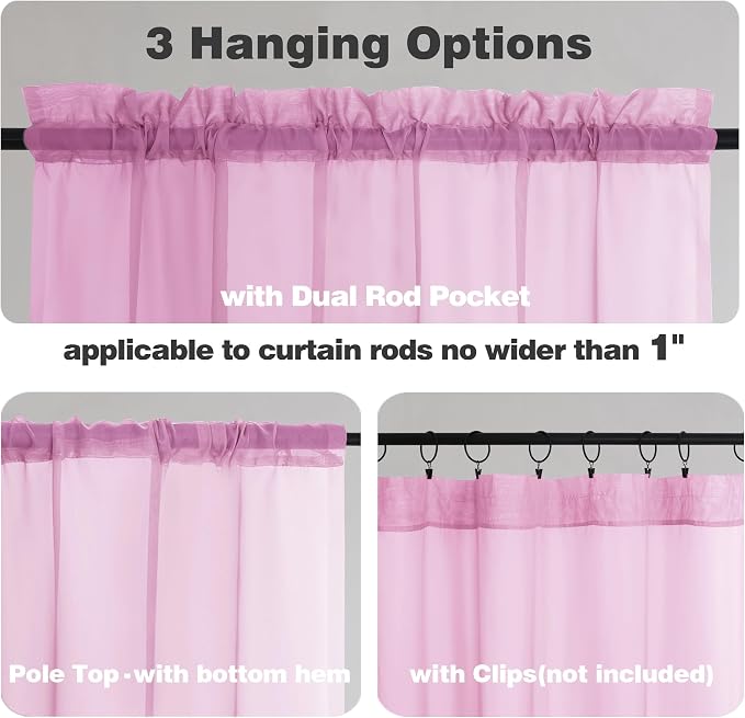 Chyhomenyc Pink Sheer Valances for Window 2 Pack, 42Wx14L Inches Small Sheer - Image 3