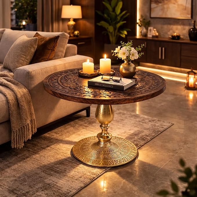 Coffee Table 24x24x18 Inch-Hand-Carved Solid Wood Center Table, Vintage Burnt - Image 8