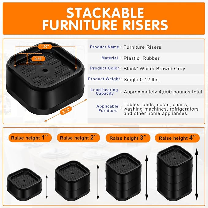 shouwuhho 16 Pack Furniture Risers Adjustable Bed Risers Heavy Duty Lifts - Image 2