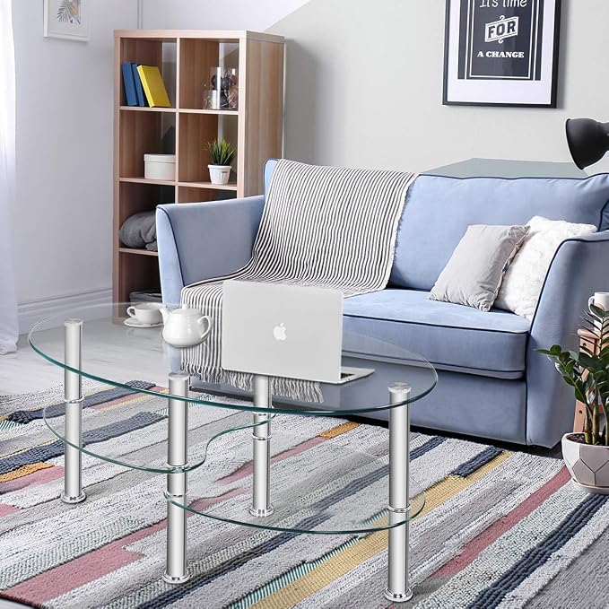 Tangkula Glass Coffee Table, Modern Furniture Decor 2-Tier Modern Oval Smooth - Image 9