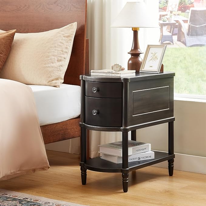 ONBRILL Narrow End Table with Charging Station, Pre-Assembled Nightstand with 2 - Image 3