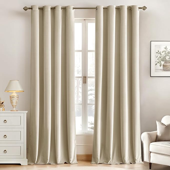 MIULEE 90 Inches Velvet Curtains Beige Elegant Grommet Curtains Thermal by MIULEE
