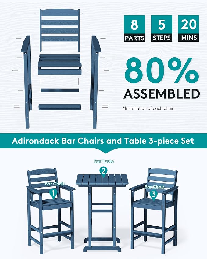 SERWALL Balcony Adirondack Chairs and Table 3 Pieces Set, Adirondack Bar Height - Image 5