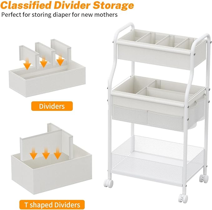 3-Tier Diaper Caddy Organizer & Rolling Cart, Metal Utility Cart - Image 3