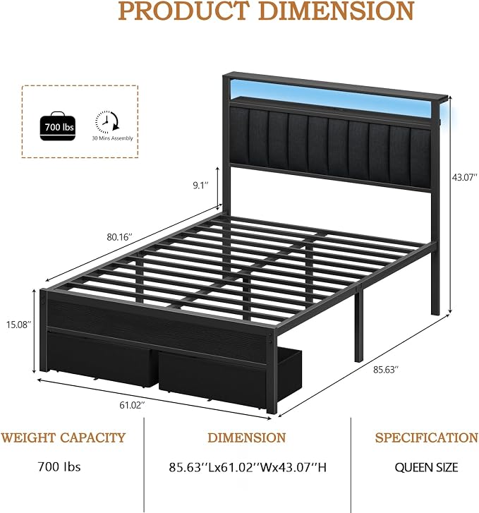 Furnulem Queen Bed Frame with Charging Station and LED Lights, Metal Platform - Image 2