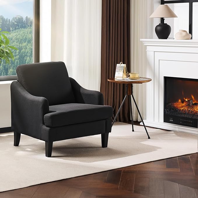 VINGLI Linen Fabric Accent Chair Black, Modern Upholstered Armchair, Comfy Sofa by VINGLI