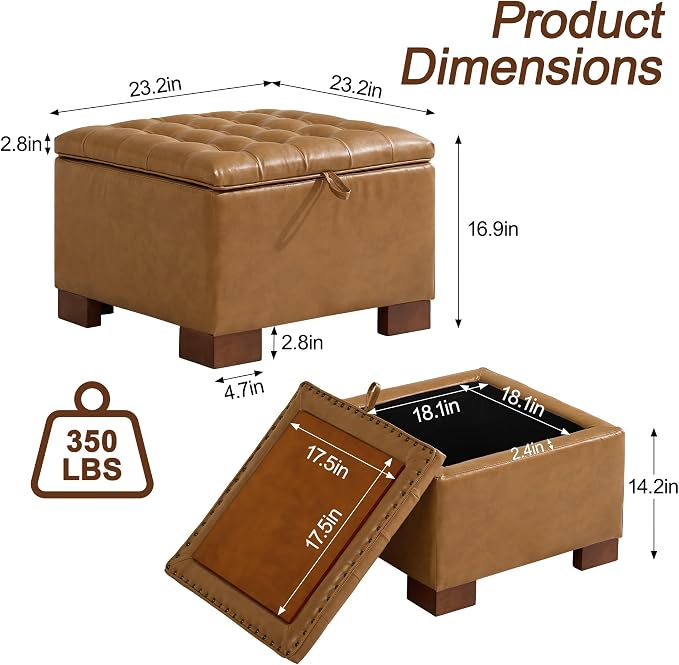 WUTUTUEE 24" Faux Leather Square Storage Ottoman - Image 2