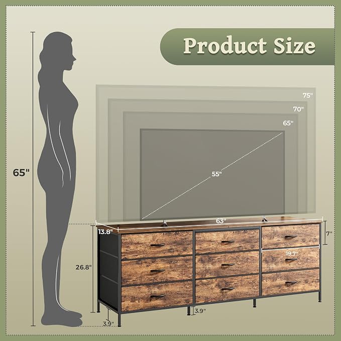 Huuger 63 Inch Dresser for Bedroom, Dresser for Closet - Image 3