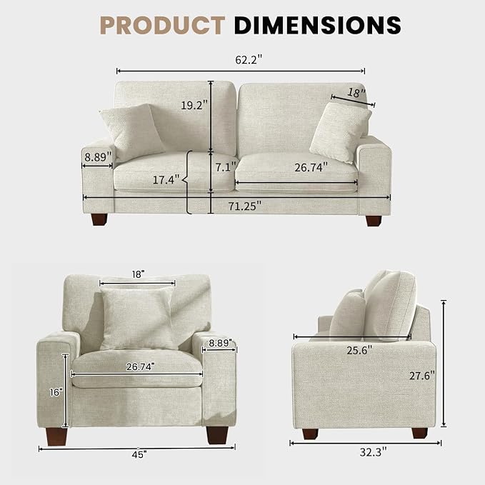 DOPEDIO Modern Living Room Sofa Set, 71.25" Chenille Loveseat - Image 2