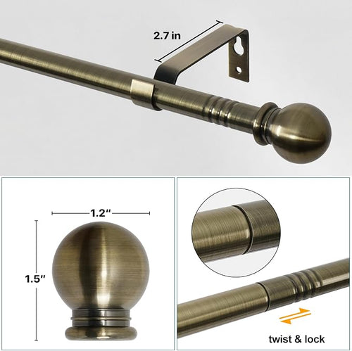 Antique Brass Curtain Rods for Windows 30 to 62 inch, 5/8 inch Brushed Brass - Image 2