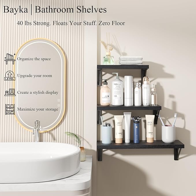 BAYKA Wall Mounted Floating Bathroom Shelves, Wood Floating Wall Shelf - Image 2
