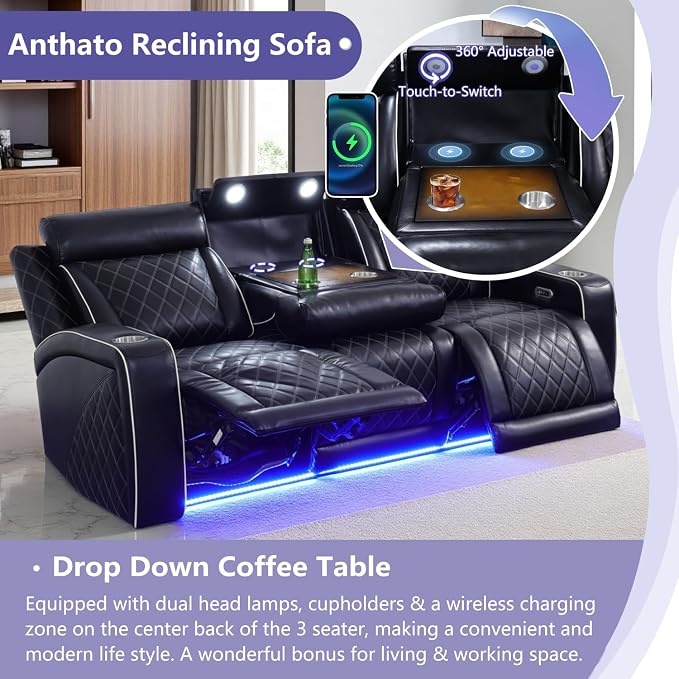 Power Recliner Sofa Couch, Living Room Furniture Sets, Breathing Leather - Image 3