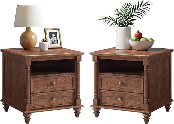 T4TREAM 24'' Farmhouse End Table w/4 Solid Wood Feet Set of 2, Large 2 Drawers by T4TREAMFurniture