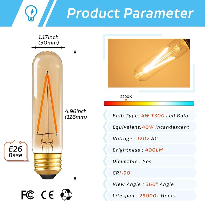 Dimmable E26 T30 T10 LED Bulb Long Tube Light Bulb 4W, Type T Tubular Light - Image 4