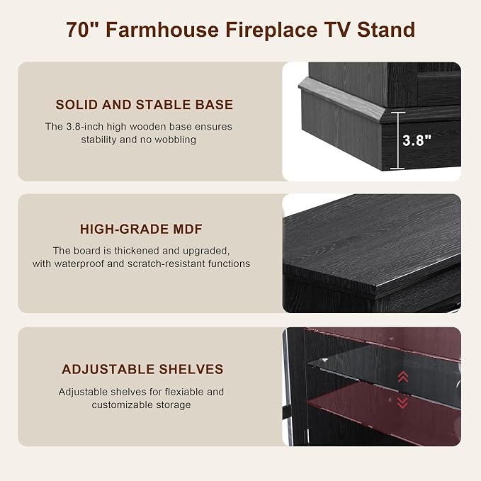 MXV 70" Fireplace TV Stand, 3-Sided Glass Fireplace and Modern Entertainment - Image 7
