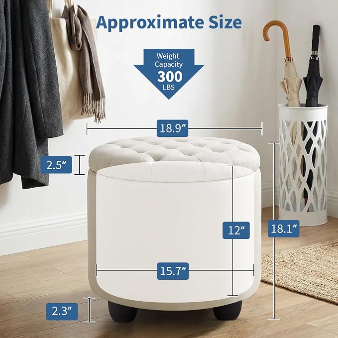 Furniliving Modern Round Storage Ottoman, Button Tufted Ottoman Foot Stools - Image 2