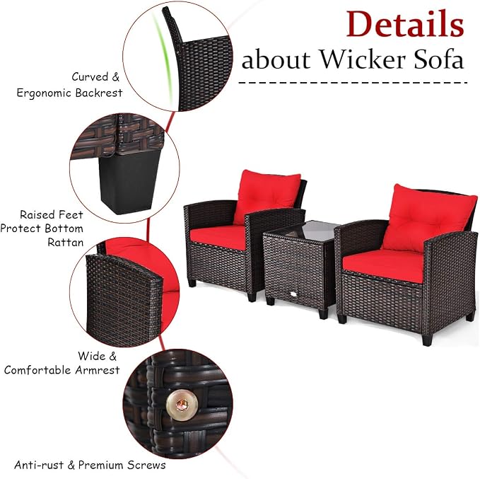 COSTWAY 3PCS Patio Furniture Set, PE Rattan Wicker Sofa w/Washable Cushion and - Image 7