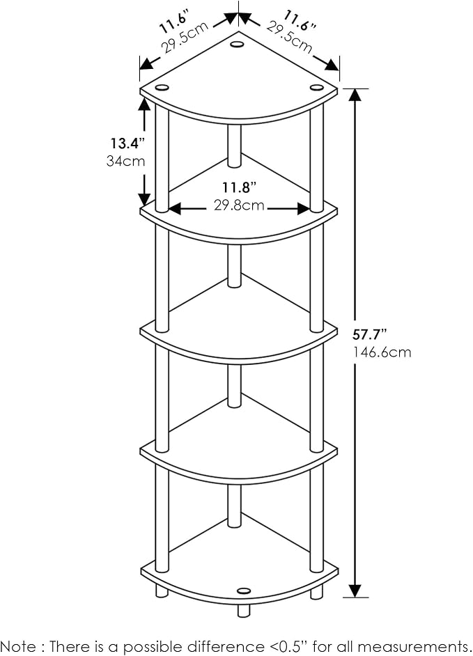 Furinno TURN-N-TUBE Corner Shelf Set of 2, 5-Tier Corner Bookshelf, Open - Image 7