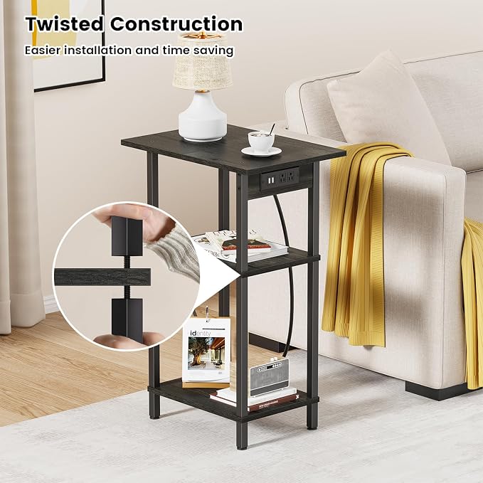Asgolion Tall End Table with Charging Station, Skinny Nightstand with USB Ports - Image 5