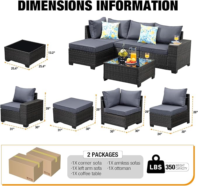 JOYURE 5 Pieces Patio Furniture Set All-Weather Outdoor Wicker Sectional - Image 2